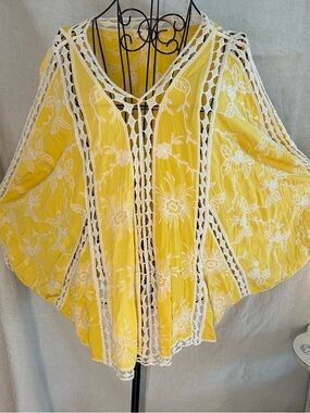 Cost Plus World Market Embroidered Yellow  Kimono with White Crochet Trim